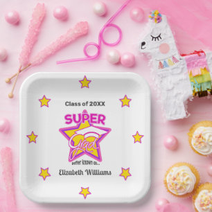 Modern Super Grad Pink-Personalise Name and Year Paper Plate