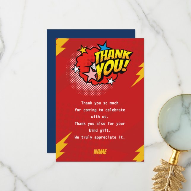 Modern, Superhero boy birthday  Thank You Card (Front/Back In Situ)
