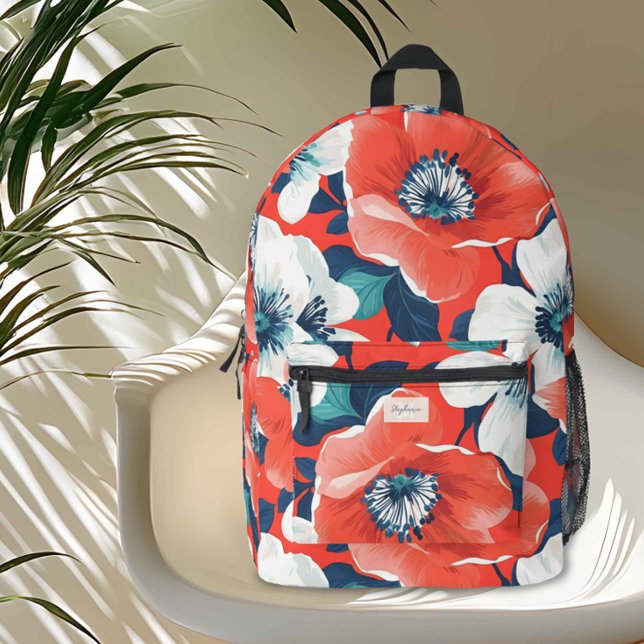 Modern Supersized Floral Blue and Red Monogram  Printed Backpack (Add a splash of elegance and energy to your day with this vibrant coral floral backpack. )