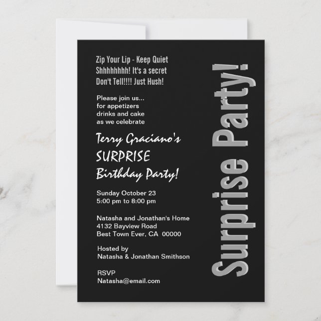 Modern SURPRISE Birthday Black Silver White Invitation (Front)