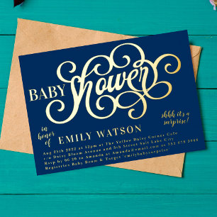 Modern Surprise Blue Baby Shower Gold Pressed