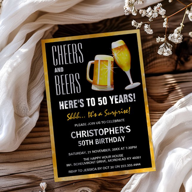 Modern Surprise Cheers & Beers Birthday Party Invitation (Creator Uploaded)