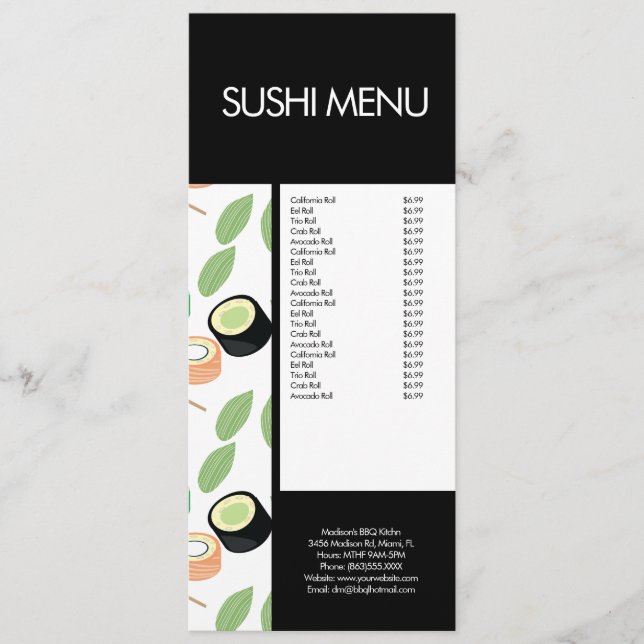 Modern Sushi Roll Asian Restaurant Pattern Menu (Front)