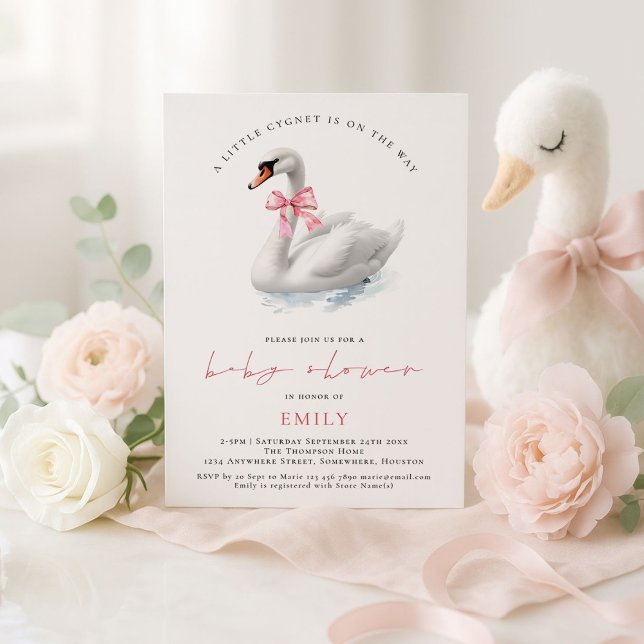 Modern Swan Pink Bow Baby Shower Invitation (Creator Uploaded)