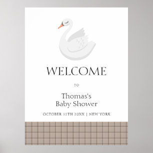 Modern Swan Plaid Gingham Boy Baby Shower Welcome Poster