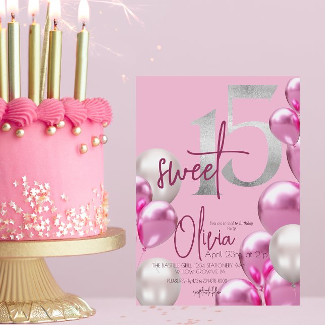 Modern Sweet 15 Pink Silver Balloons Birthday  Invitation (Creator Uploaded)