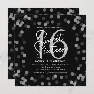 MODERN Sweet 16 Birthday Silver Chic Glitter Black Invitation