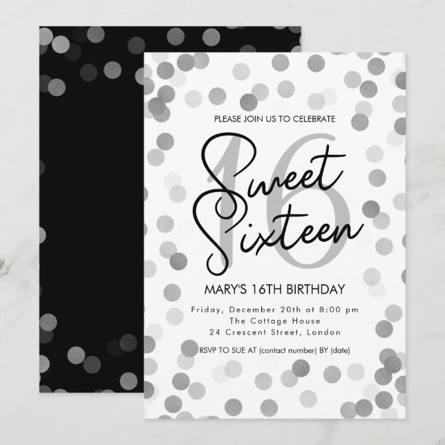 MODERN Sweet 16 Birthday Silver Chic Glitter Invitation (Front/Back)