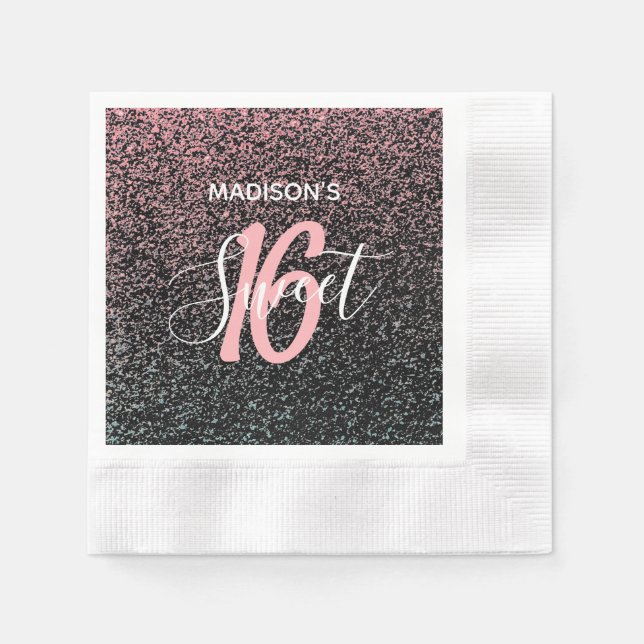 Modern Sweet 16 Black Blush Pink Specks Name Napkin (Front)