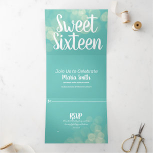 Modern Sweet 16 Bokeh Lights Photography Tri-Fold Invitation