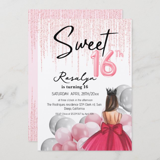 Modern Sweet 16 Glam Princess Balloons Birthday Invitation (Front/Back)