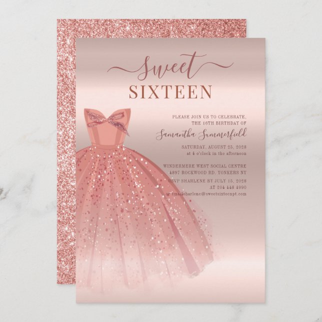 Modern Sweet 16 Glitter Script Rose Gold Birthday Invitation (Front/Back)