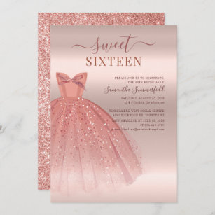 Modern Sweet 16 Glitter Script Rose Gold Birthday Invitation
