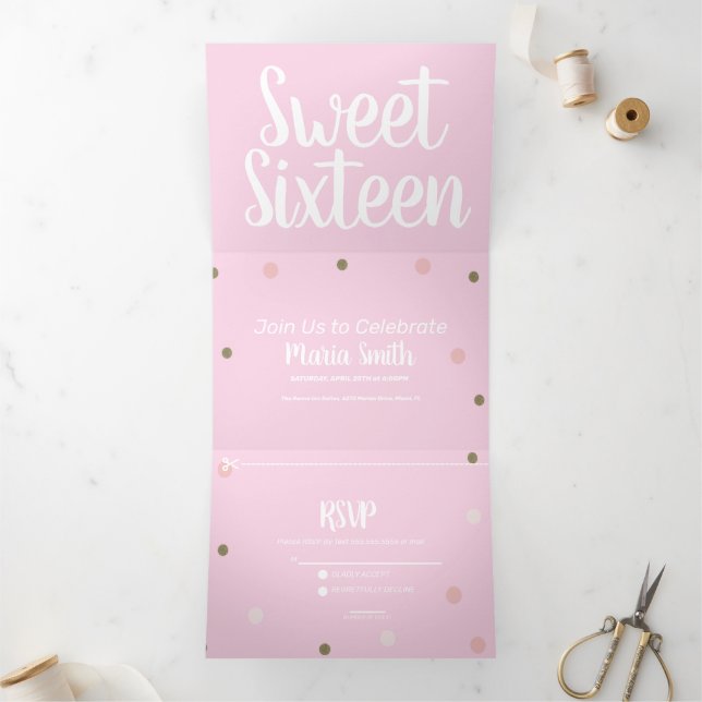 Modern Sweet 16 Gold Pink Dots Tri-Fold Invitation (Inside)