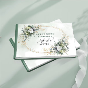 Modern Sweet 16 green gold eucalyptus floral guest Book