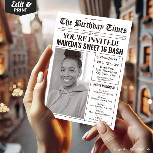 Modern Sweet 16 Invitation with Program Newspaper