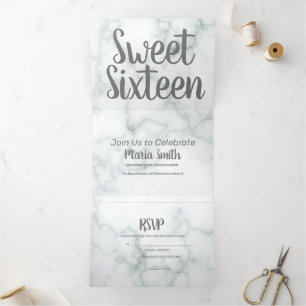 Modern Sweet 16 Marble and Gray Tri-Fold Invitation