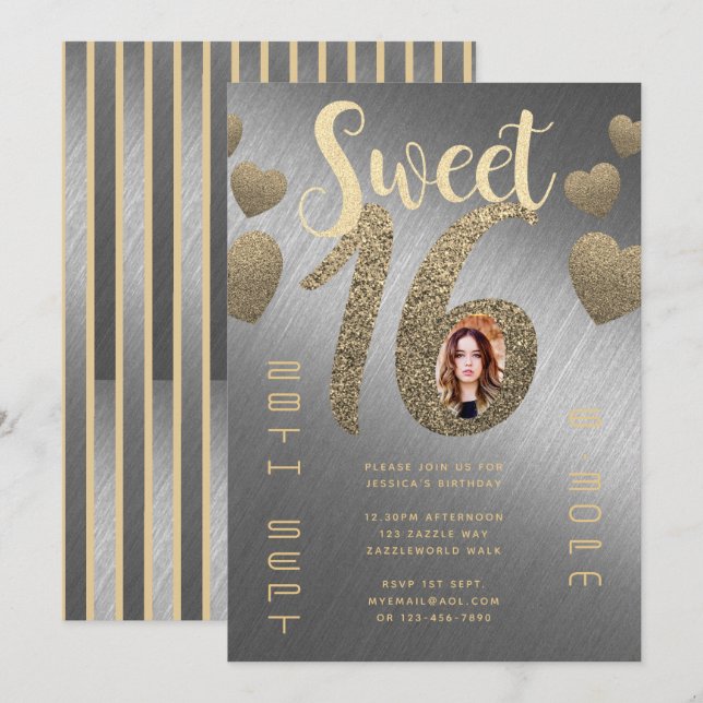 Modern SWEET 16  PHOTO Invite Silver Gold Glitter (Front/Back)