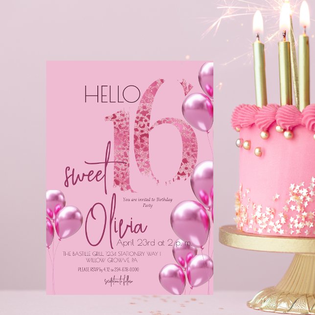 Modern Sweet 16 Pink Balloons Birthday  Invitation (Creator Uploaded)