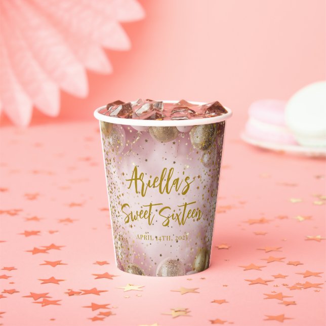 Modern sweet 16 pink gold balloons paper cups (Insitu)