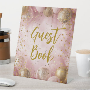 Modern sweet 16 pink gold balloons pedestal sign