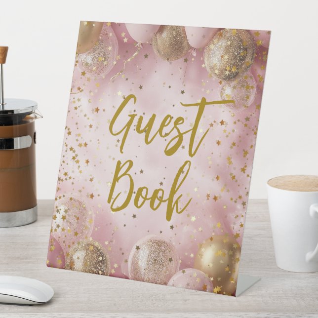 Modern sweet 16 pink gold balloons pedestal sign (In SItu)