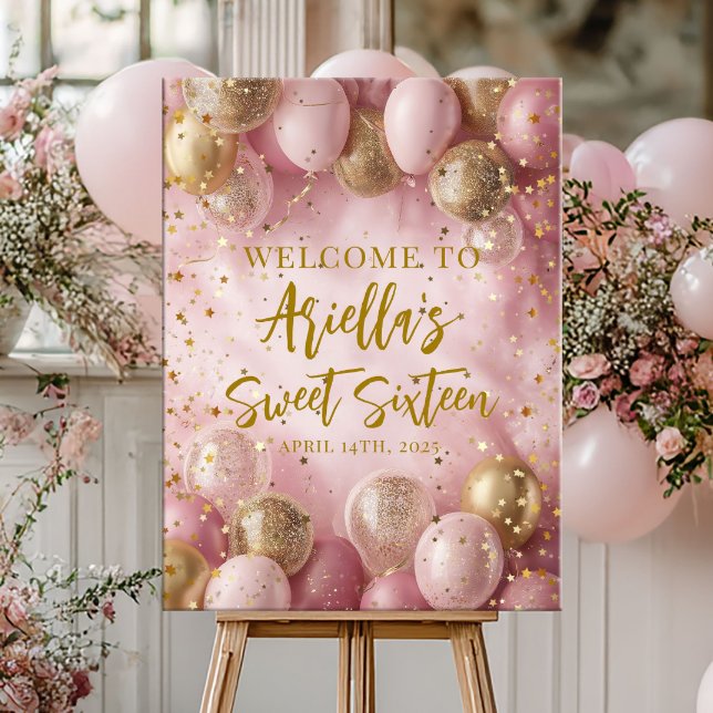 Modern sweet 16 pink gold balloons welcome poster (Creator Uploaded)
