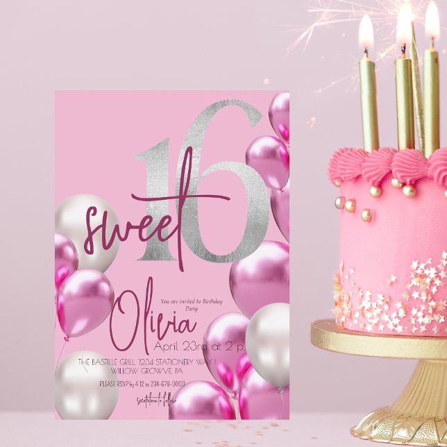 Modern Sweet 16 Pink Silver Balloons Birthday  Invitation (Creator Uploaded)