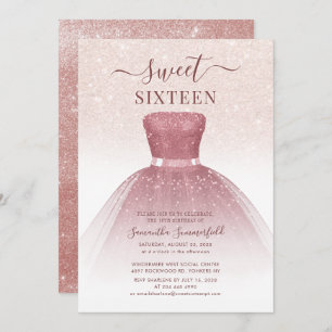 Modern Sweet 16 Rose Gold Script Glitter Birthday Invitation