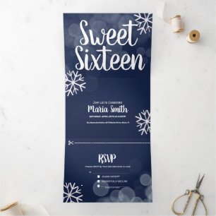 Modern Sweet 16 Scattered Snowflakes Bokeh Lights Tri-Fold Invitation
