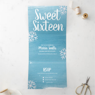 Modern Sweet 16 Scattered Snowflakes Watercolor Tri-Fold Invitation