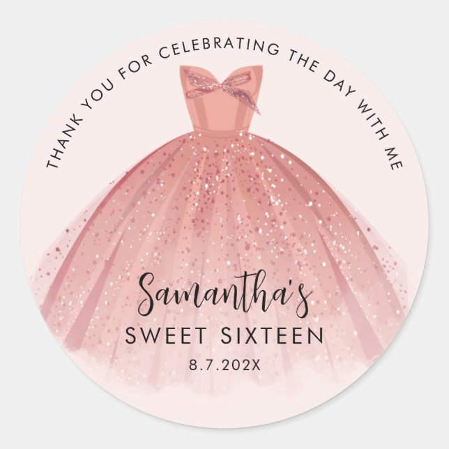 Modern Sweet 16 Script Dress Birthday Thank You Classic Round Sticker (Front)