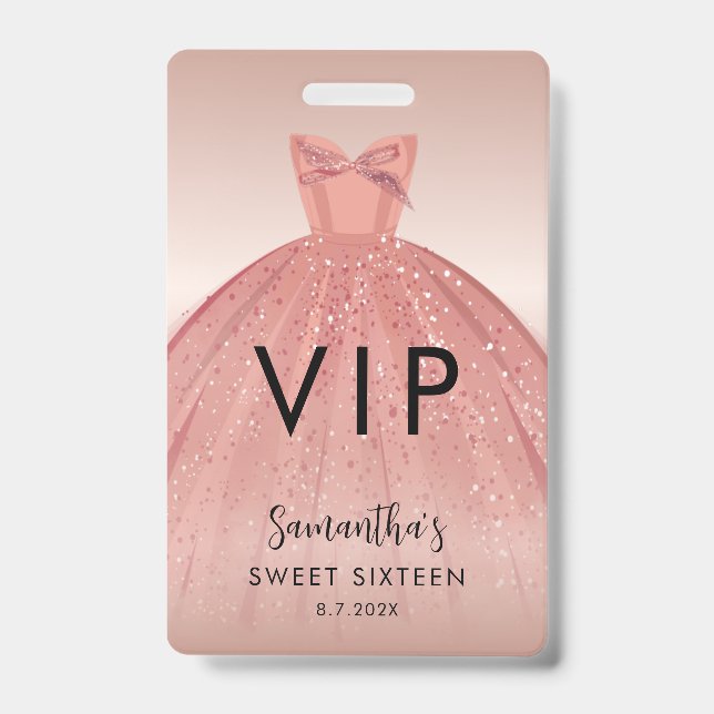 Modern Sweet 16 Script Dress Birthday VIP ID Badge (Front)