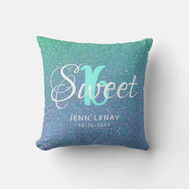 Modern Sweet 16 Teal Aqua Glitter Personalised Cushion (Front)