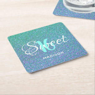 Modern Sweet 16 Teal Blue Glitter Personalised Square Paper Coaster