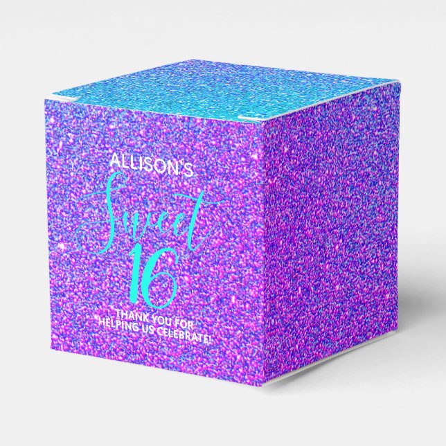 Modern Sweet 16 Teal Purple Glitter Name Party  Favour Box (Front Side)