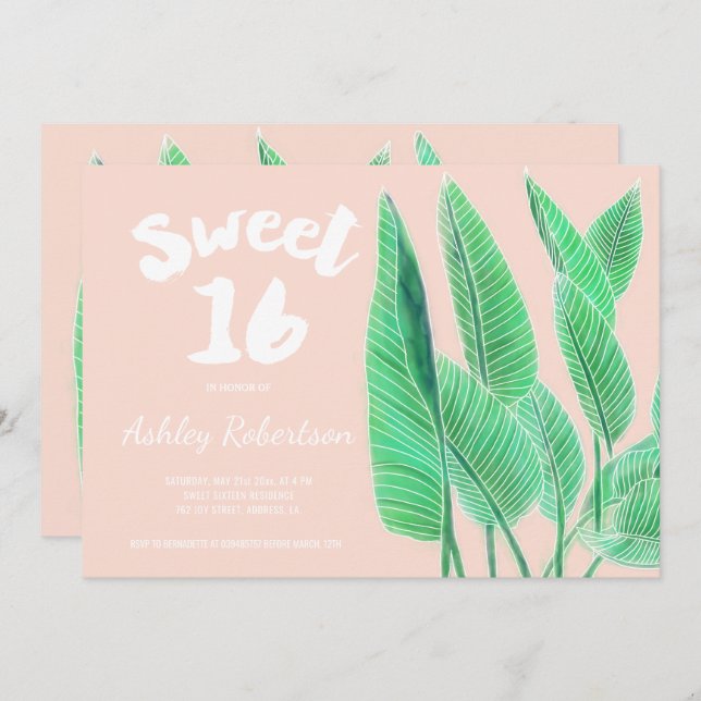 Modern sweet 16 watercolor tropical leaf pink invitation (Front/Back)