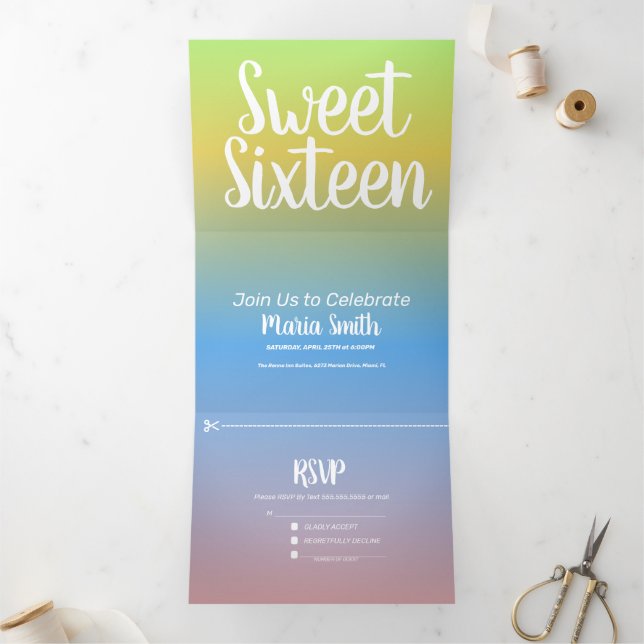 Modern Sweet 16 Yellow Rainbow Ombre Two Tone Tri-Fold Invitation (Inside)