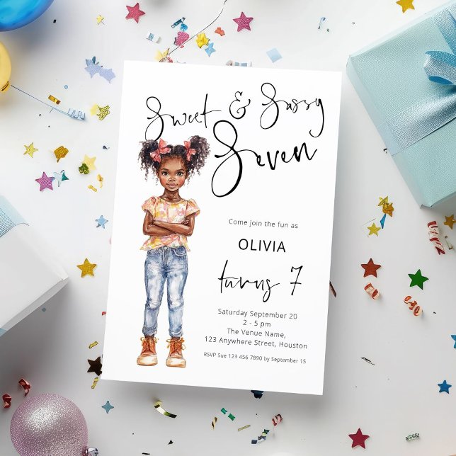 Modern Sweet and Sassy Seven 7th Birthday Party Invitation (Creator Uploaded)