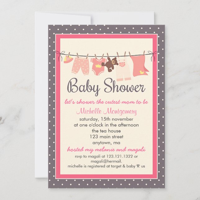Modern Sweet Baby Clothes Line Girl Baby Shower Invitation (Front)