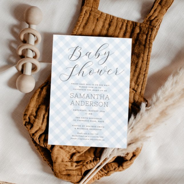 Modern + Sweet Blue Gingham Boy Baby Shower Invitation (Modern + Sweet Blue Gingham Boy Baby Shower Invitation)