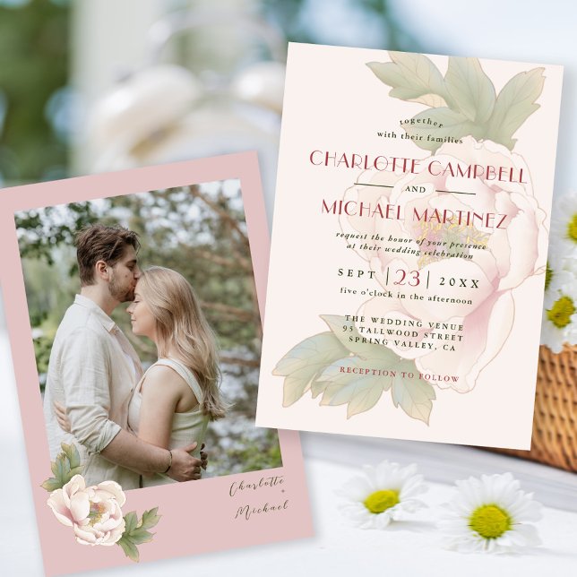 Modern Sweet Blush Peony Rose Floral Photo Wedding Invitation (Creator Uploaded)