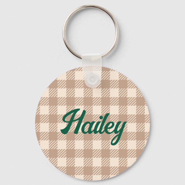 Modern sweet cute brown beige gingham checked key ring (Front)