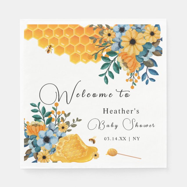 Modern Sweet Honey Bee Floral Baby Shower Welcome Napkin (Front)