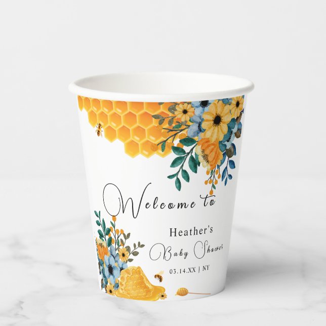 Modern Sweet Honey Bee Floral Baby Shower Welcome Paper Cups (Front)