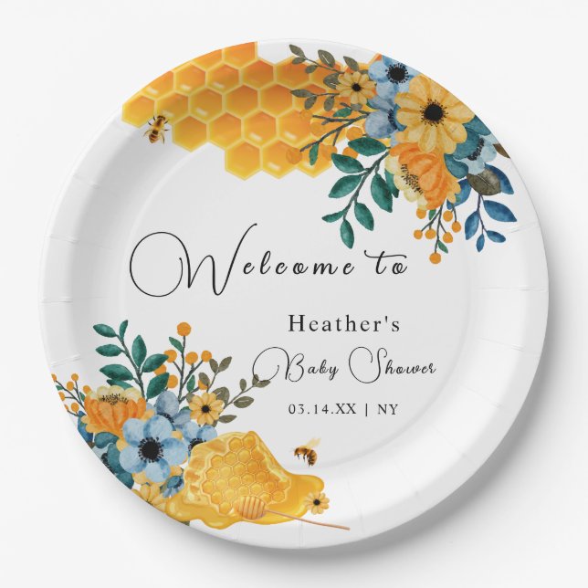 Modern Sweet Honey Bee Floral Baby Shower Welcome Paper Plate (Front)