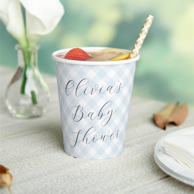 Modern + Sweet Light Blue Gingham Baby Shower Paper Cups (Insitu)