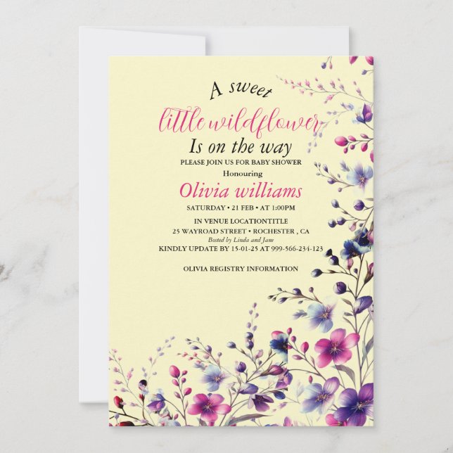 Modern sweet little wildflower pink baby shower invitation (Front)