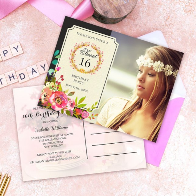 Modern Sweet Sixteen Birthday Flower Invitation Postcard (Creator Uploaded)