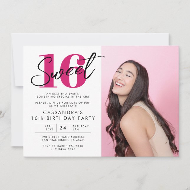 Modern Sweet Sixteen Birthday with Photo Invitation (Front)